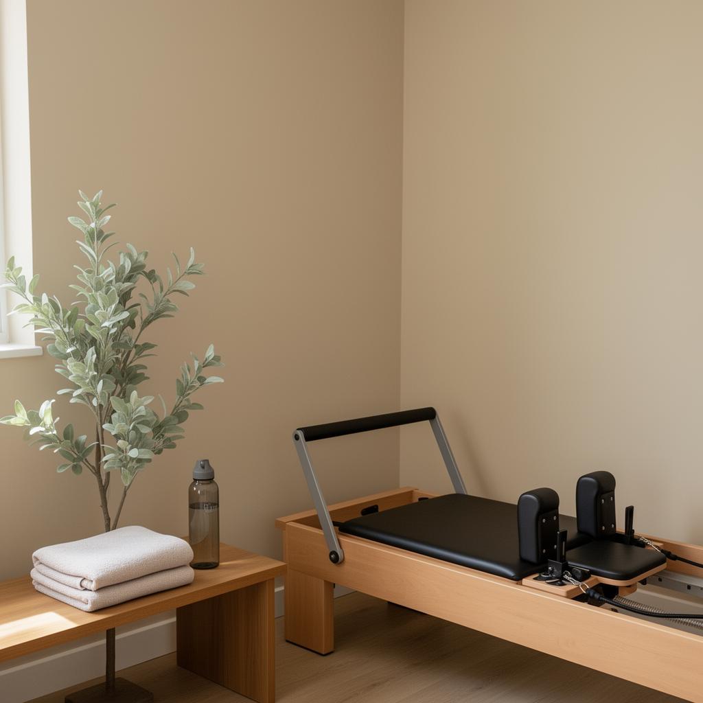 Detalhe do estúdio: aparelho de pilates ao lado de planta e bancada de madeira
